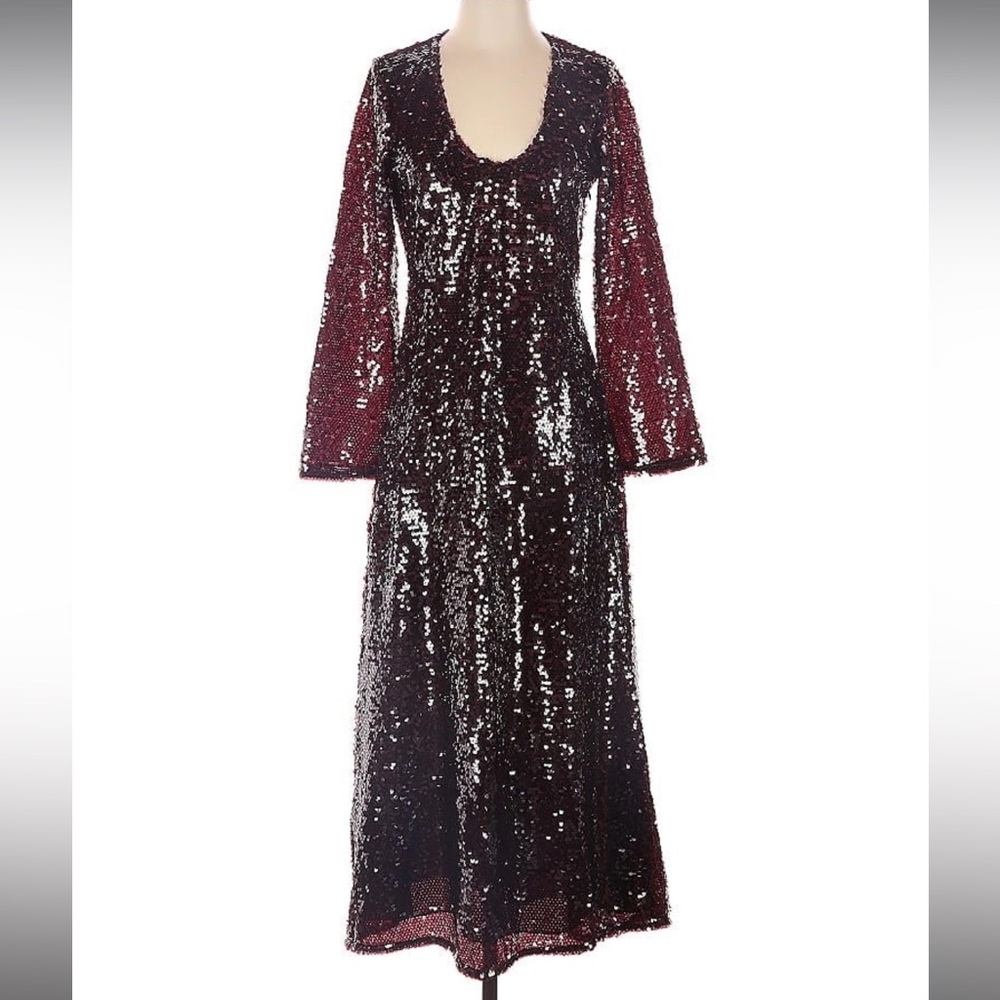 NEW! ZARA Limited Edition Sequin Maxi Dress Burgundy Maroon Red SZ S